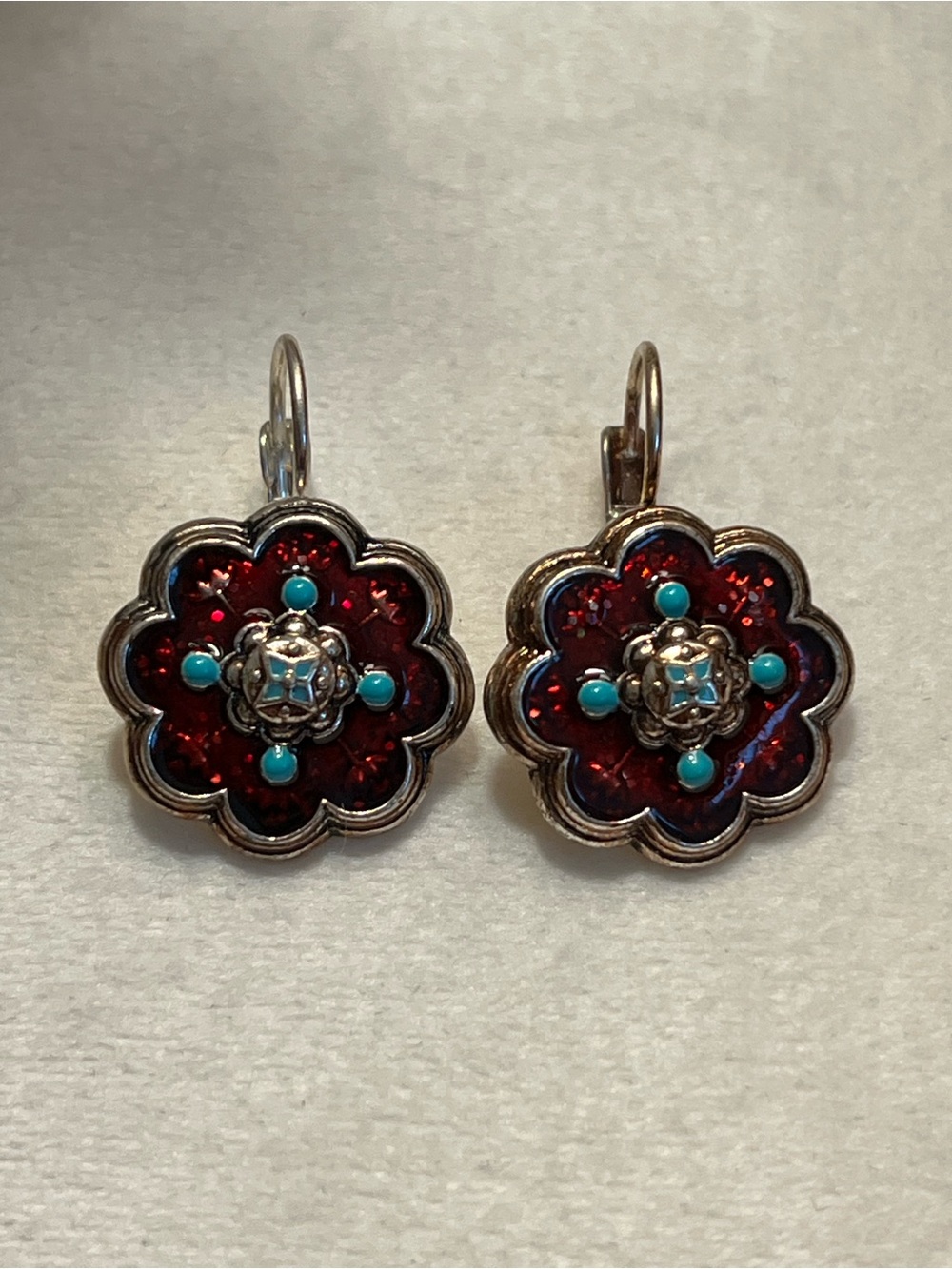 Red Floral Drop Earrings with Turquoise Accents